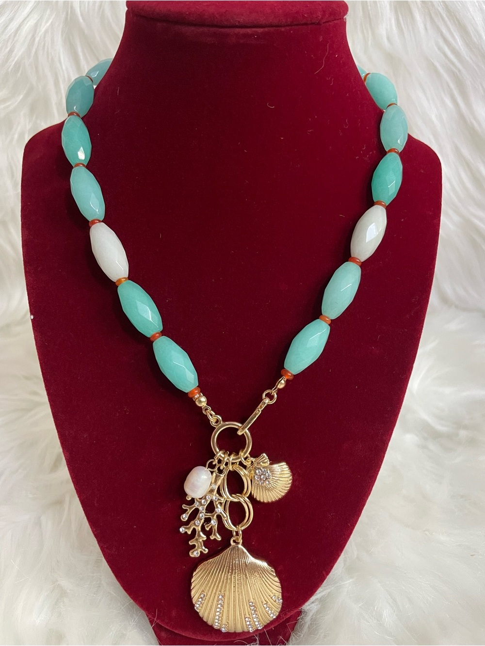 Gold Pendant Sea Shell Necklace with Turquoise and With pearl with charms